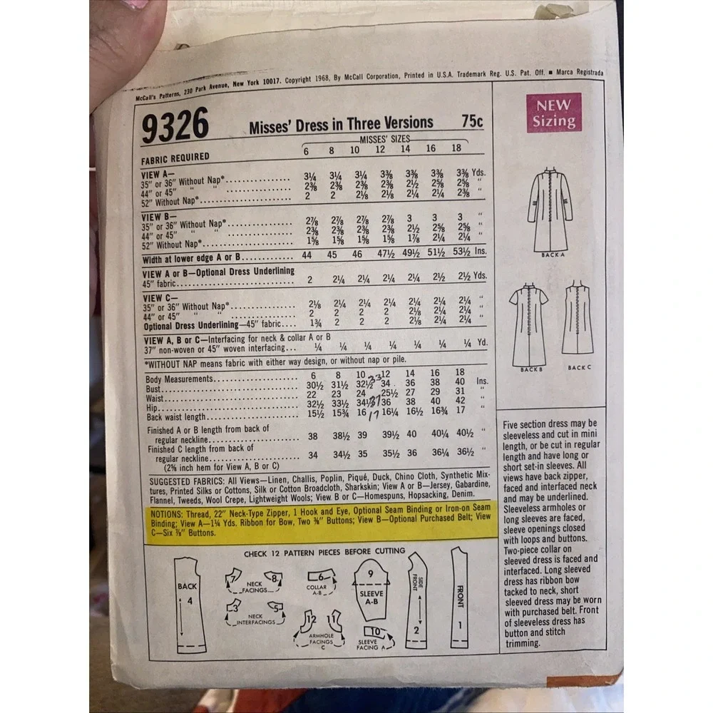 Vintage 1968 McCalls 9326 Sewing Pattern Misses Dress Size 10 Bust 32.5